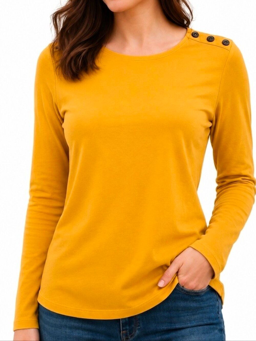 Ralph Lauren Jeans Co. Women's Mustard Yellow Button-Shoulder Long Sleeve Top